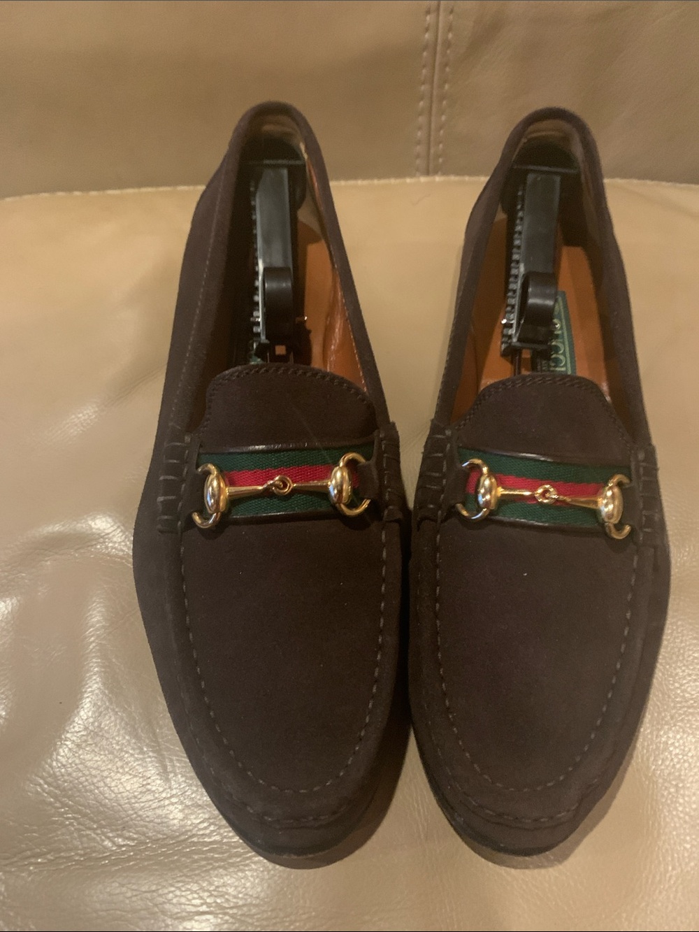 Gucci Dark Brown Suede Horsebit Loafers with Red & Green Web. Like New